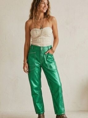 Free People We The Free Minimalist Moxie Distressed Metallic Green Pants